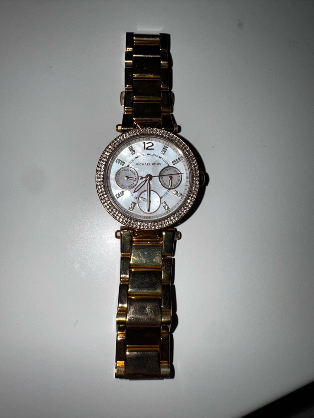 Michael Kors Gold and Mother-of-Pearl Crystal-Trim Bracelet Watch